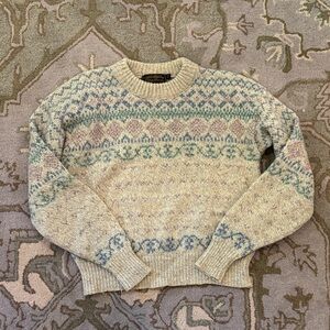 Eddie Bauer Cream Fair Isle Crewneck Sweater with Blue & Pink Accents